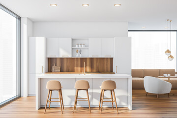 Bar with stools in white and wooden kitchen interior