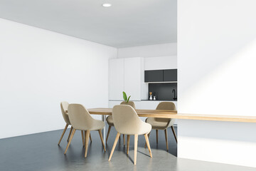 White kitchen interior with table and beige chairs, mockup