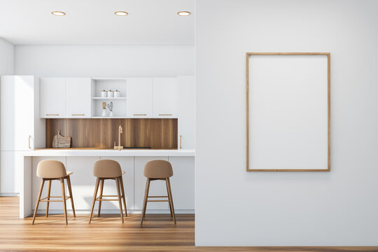 Poster in white and wooden kitchen interior with bar