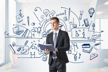 Businessman checking schedule using his planner, different busin