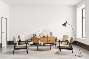 Minimalistic white living room interior with armchairs and coffee table © ImageFlow