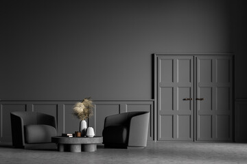 Modern stylish Living room design interior. Concrete floor with two armchairs. Gray wooden door.