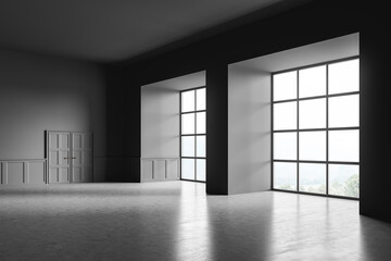 Empty Living room design interior. Modern stylish home area. Concrete floor. Panoramic window. Gray wooden door. No people.