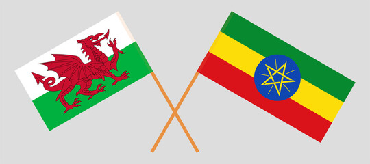 Crossed flags of Wales and Ethiopia. Official colors. Correct proportion