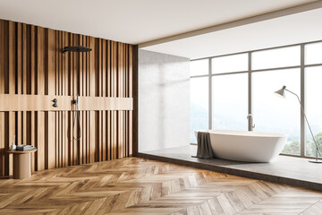 Bathroom interior with bathtub and shower with view on countryside