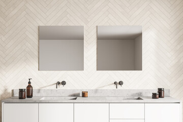 Spacious modern bathroom design interior in wood tones double sink vanity with square mirrors. Window light.