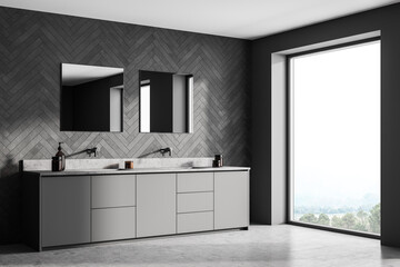 Spacious modern bathroom design interior in gray tones double sink vanity with square mirrors....