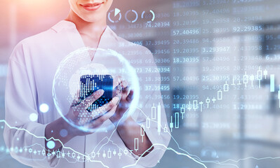 Businesswoman using smartphone in hands, digital hud with globe and numbers