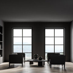 Naklejka na ściany i meble Dark living room interior with armchairs and sofa, bookshelf and window