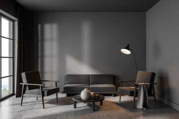 Dark living room interior with armchairs and sofa, mockup