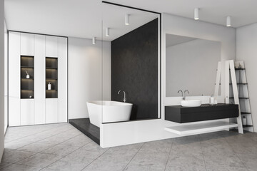 Fototapeta na wymiar Bathroom interior with sink and ladder, bathtub with shelf