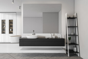 Naklejka na ściany i meble Bathroom interior with sink and ladder, bathtub with shelf