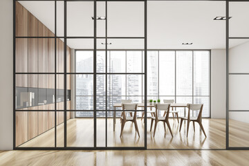 Interior design of modern meeting room with panoramic windows. Contemporary conference board table and chairs. Cityscape view. Brainstorm concept. wooden materials.