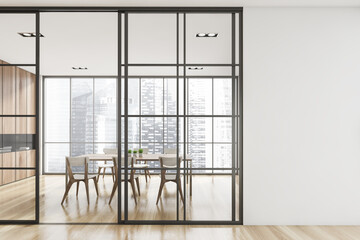 Interior design of modern meeting room with panoramic windows. Contemporary conference board table. Cityscape view. Mock up white copy space wall.