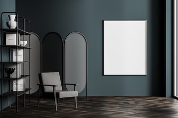 Dark grey living room interior with armchair, bookcase and poster