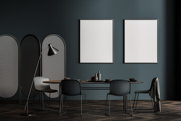 Dark grey dining room interior with two posters