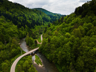 Road and Bridge in Mountains. Green Hills covered in Trees. Bieszczady Park