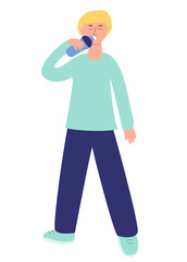 Vector illustration of boy drinking water from bottle. For banners, flyers, web,etc