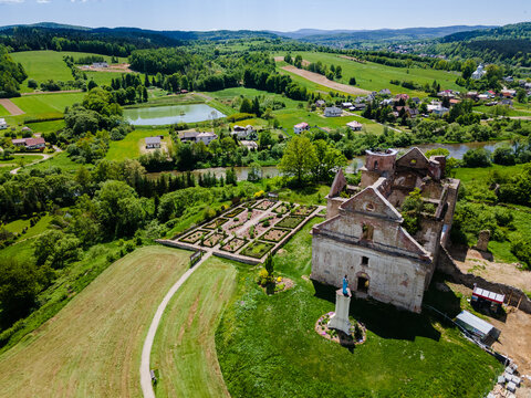 Monastery in Zagorz, Podkarpackie, Poland. Aerial Drone View. Summer Day.