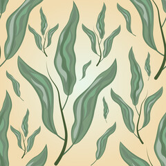 Flying green leaves on a light background. Seamless pattern