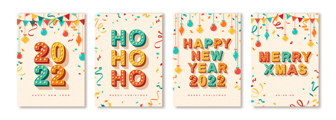 Set of 2022 Merry Christmas and Happy New Year cards or banners with retro typography font design. Vector illustration. Streamers, vintage baubles confetti and hanging flag garlands. Place for text