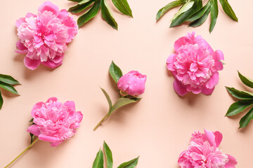 Floral pattern of pink peony flowers on a beige background. Greeting card for 8th March or Mother day.