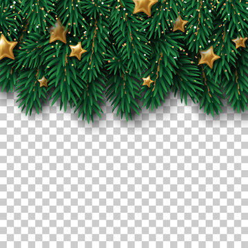 Merry Christmas and Happy New Year winter border with pine tree branches, golden stars baubles, confetti on transparent background. Vector illustration. Xmas frame element for festive poster design.