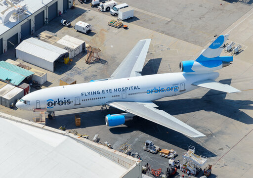 Orbis Flying Eye Hospital old Douglas DC-10 airplane. Aerial hospital to prevent blindness and eye diseases. Project Orbis McDonnell Douglas.