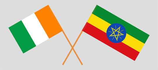 Crossed flags of Republic of Ivory Coast and Ethiopia. Official colors. Correct proportion