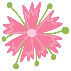 Vector pink flower of interesting shape with green petals. Flowers for the design of children's cards, banners, printing on fabric.