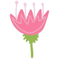 Vector pink flower of interesting shape with green petals. Flowers for the design of children's cards, banners, printing on fabric.