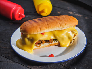 Cheese sandwich with pulled pork on black wood