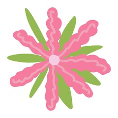 Vector pink flower of interesting shape with green petals. Flowers for the design of children's cards, banners, printing on fabric.