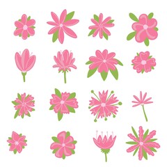 Set of vector flowers of pink color of different shapes with green petals. Flowers for decorating children's cards, banners, printing on fabric.