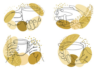 Collection. Silhouette of human hands with a cup of coffee, tea and plant leaves in a modern one line style. Solid line, aesthetic outline for decor, posters, stickers, logo. Vector illustration set.