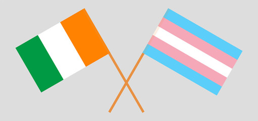 Fototapeta na wymiar Crossed flags of Republic of Ivory Coast and Transgender Pride. Official colors. Correct proportion