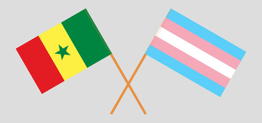 Crossed flags of Senegal and transgender pride. Official colors. Correct proportion