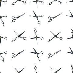 Seamless pattern of black scissors. professional hairdresser black scissors isolated on white. Black barber scissors, close up. pop art background, for prints or posters