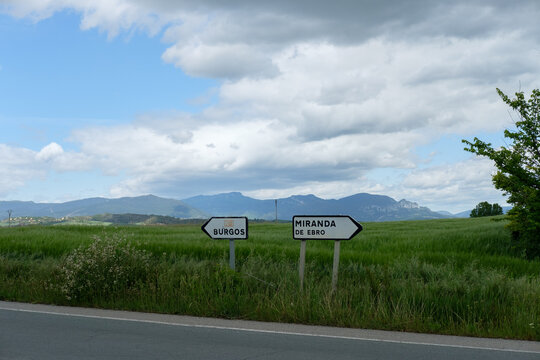 Two road signs each with an arrow pointing in the direction opposite the other. Cloudy day. Landscape.  - Powered by Adobe