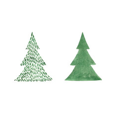Two green watercolor
christmas trees isolated on white