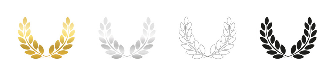 Laurel wreath set, golden, silver, outline and black version. Symbol for triumph, glory, honor, royal power, victory, force, importance or influence. Isolated vector icons on white background.
