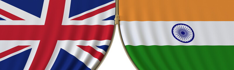 Fototapeta premium the United Kingdom and India cooperation or conflict, flags and closing or opening zipper between them. Conceptual 3D rendering