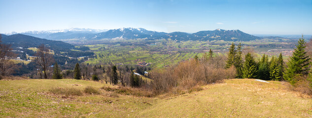 beautiful view from Sunntratn to isar valley and Brauneck mountain, upper bavarian landscape at...