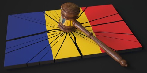 Block with flag of Romania hit by judge's gavel. Court related 3d rendering