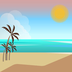 Summer beach with palm trees. Ocean or sea shore, landscape of beaches, daytime sandy beach. Summer background. Flat vector illustration.
