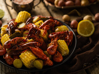 In the photo we see a large black bowl with boiled crayfish and pieces of corn on a wooden table. In the background is a gravy boat with sauce and vegetables. On the right in the photo is half a lemon