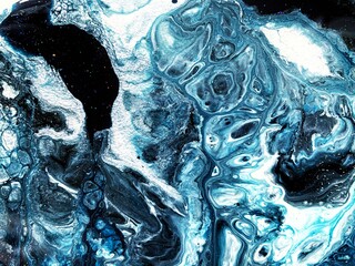 Abstract trendy fluid acrylic paintings. Pour art,acrylic pouring,cells technique. Blue, black, silver background. Paintings for walls to the interior, home, office, bar, restaurant