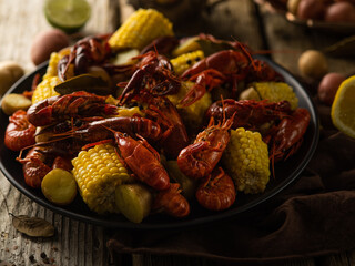 In the photo there is corn with crayfish. Beautiful still life. In the background are vegetables. Macro photography. Close-up. Rough wooden table. Careful viewing.