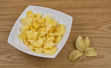 Potato chip crisps in a white bowl