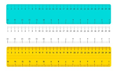 Ruler. Measurement tool in centimeters, millimeters, inches. Marking indicator. Insulated set, flat plastic objects for determining the size, measure. Exact length. Vector illustration.